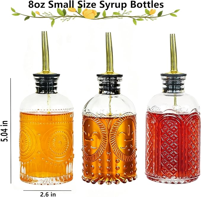 Glass Coffee Syrup Dispenser Bottles Set - 5 Pack 8oz Vintage Embossed Simple Syrup Bottles with Pour Spouts, Labels, Funnel 、Cleaning Brush, Perfect for Coffee Bar, Cocktails, Liquor,Coffee Syrups