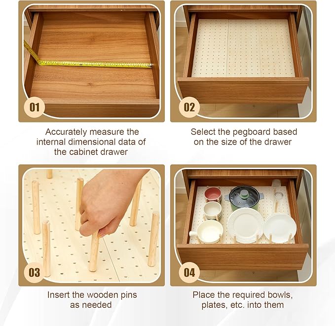 Kigley 6 Pcs Wood Pegboard Drawer Organizer with 48 Pegs Wooden Peg Board System Peg Drawer Organizers for Kitchen Dishes Plate Pegboard Food Containers(Wood Color,17x5.91,Pine)