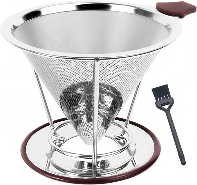 Pour Over Coffee Dripper - 304 Stainless Steel Filter, Paperless & Reusable Dual-Layer Metal with Base, 800 Mesh Steel Cone Filter, for 1-6 Cups Brew Coffee Maker (Brown)