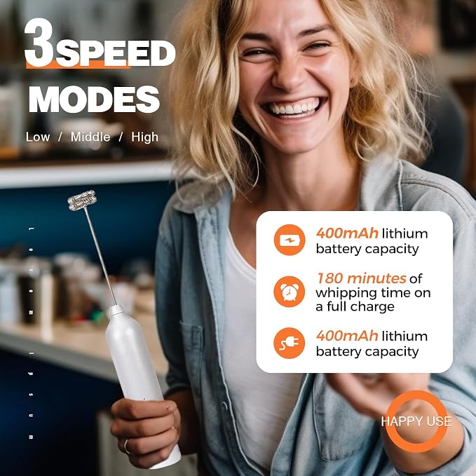 Laposso Milk Frother Type-C Rechargeable Handheld Electric Whisk Coffee Frother 3 Speed Adjustable Foam Maker Blender for Coffee Matcha Latte Cappuccino Hot Chocolate Kitchen Gifts(White)