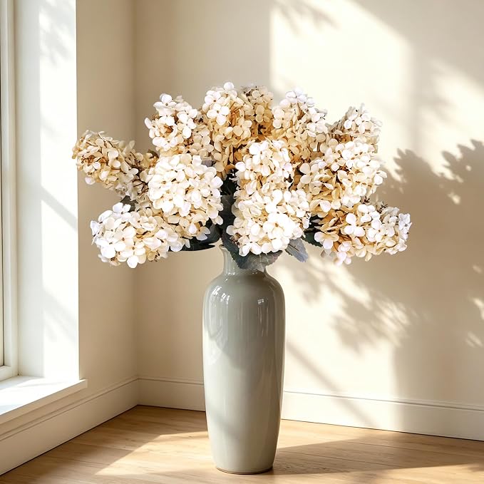 2FT Hydrangea Artificial Flowers - 10 PCS Long Stem Faux Cone Hydrangeas for Tall Vase, DIY Vintage Floral Table centerpieces for Dining Room, and Home Kitchen Decorations - Ivory White