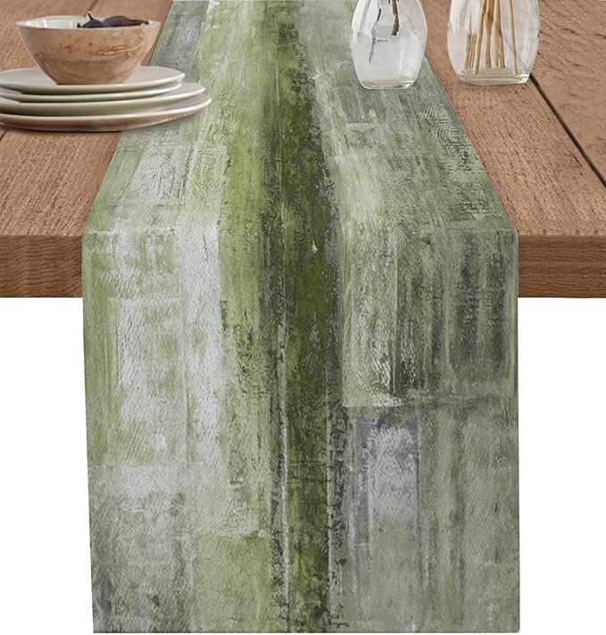 Sage Green Table Runner - 72 Inch Long, Oil Modern Paintings Abstract Kitchen Dining Table Runner Dresser Scarves, Geometric Artwork Grey Green Tablerunner for Coffee Table Wedding Party, 16x72 in