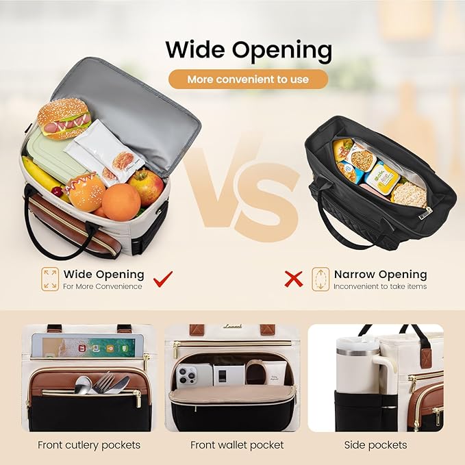 LOVEVOOK Insulated Lunch Bag Women,Wide Opening Adult Lunch Box Women with Cup Holder,Large Leakproof Cooler Bag for Work Picnic Beach Family College Mom,Lunch Teacher Tote Bag for Gift