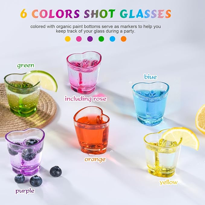 ZZYFGH 6 Pack Colorful Shot Glasses, 1.5 oz Heavy Base Shot Glasses Set, Heart Shaped Shot Glasses Set, Tequila Cups Small Glass, Shot Glasses for Whiskey, Vodka, Spirits & Liquors, Mother's Day Decor