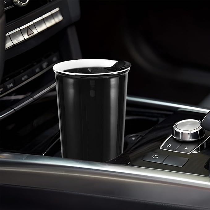 Ceramic Travel Mug, 12oz Unique To Go Coffee Mugs with Splash Resistant Lid and Color Box, Reusable Double Wall Black Mug Porcelain Coffee Cup, Gifts for Women Men Her Him, Black