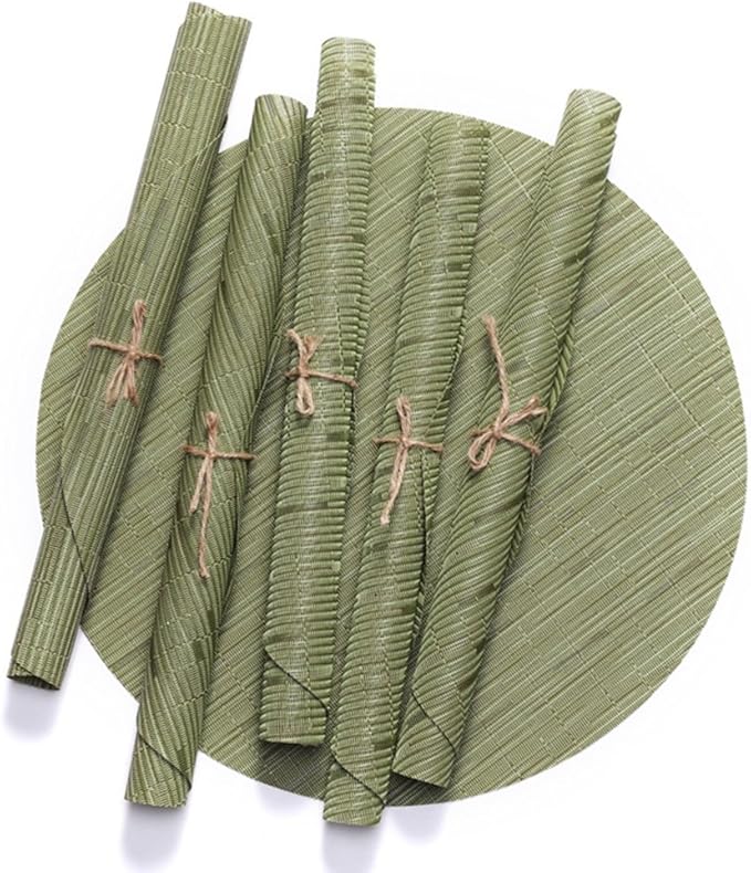 Round Placemats Set of 6 Woven Table Placemats Washable Non-Slip Placemats 13.8 Inch for Christmas Decoration Home Wedding Party, Green
