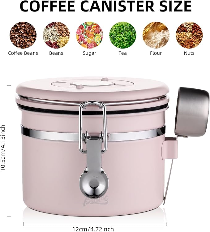 Bincoo Pink Coffee Canister, Large Stainless Steel Coffee Bean Storage Container with Date Tracker (800ML)