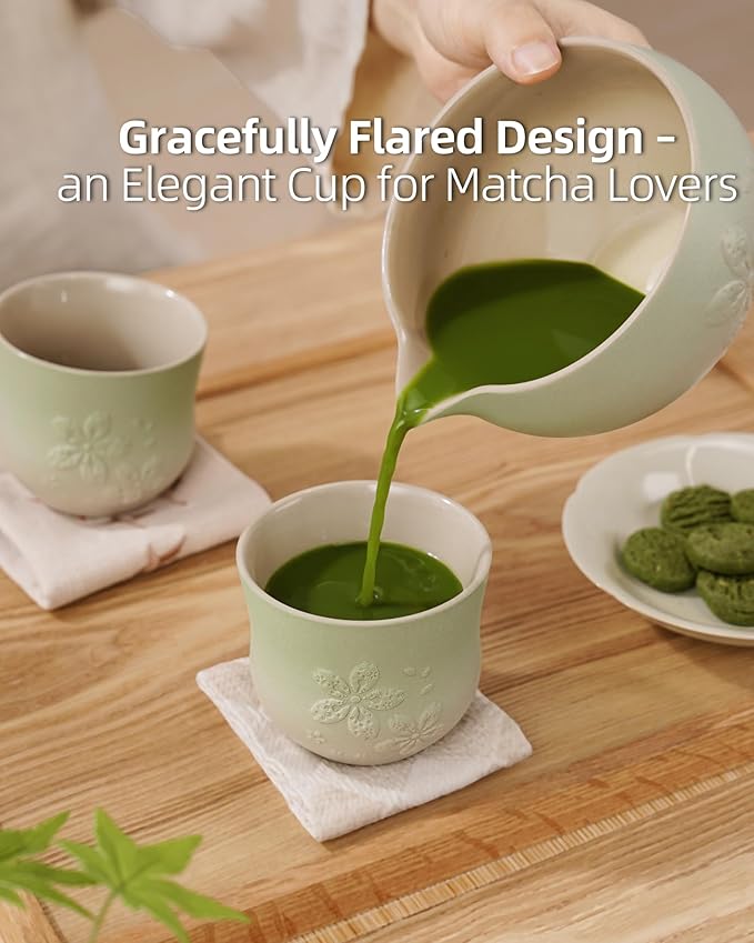 ZENS Japanese Tea Cups Set of 4 – 210ml Ceramic Tea Cups, Gradient Green Glaze, Embossed Design – Handleless Matcha & Gongfu Cups, Traditional Asian Style