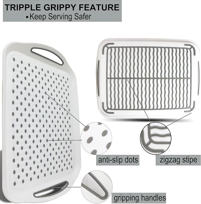 Large Nonslip Serving Tray with Handles, Silicone Grippy Dots Lap Food Trays for Eating, Dishwasher Safe Serve for Breakfast Dinner Snack Fruit Appetizers Beverage, Rectangular, Set of 2, White