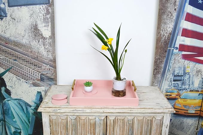 Serving Tray 16.5“X 13“ Deluxe Wooden Ottoman Tray, Food Tray for Eating, Dinner Trays for Eating on Couch Coffee Table with Polished Gold Metal Handles-4 Round Coasters Included（Pink）