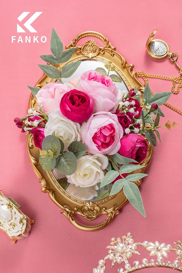 FANKO Artificial Flowers for DIY Bouquet, Faux Rose Combo Peony Ranunculus Stems in Pink White Burgundy for Vase, Floral Arrangement, Centerpieces, Wedding, Home Decor, Party Decoration