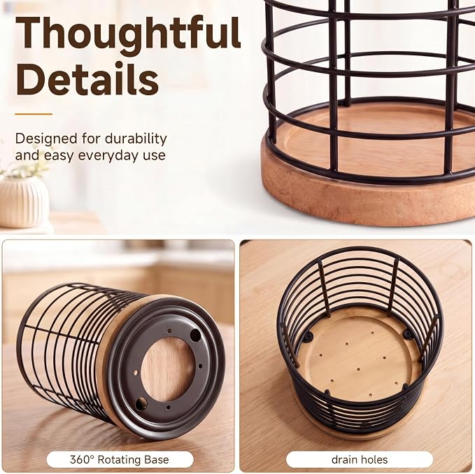 Domensi 360° Rotating Kitchen Utensil Holder Set of 2, Large & Small Bamboo Metal Utensil Crock for Countertop, Kitchen Organizer for Spatula, Spoon & Cooking Tools, Stable Base, 7.2" & 5.9"