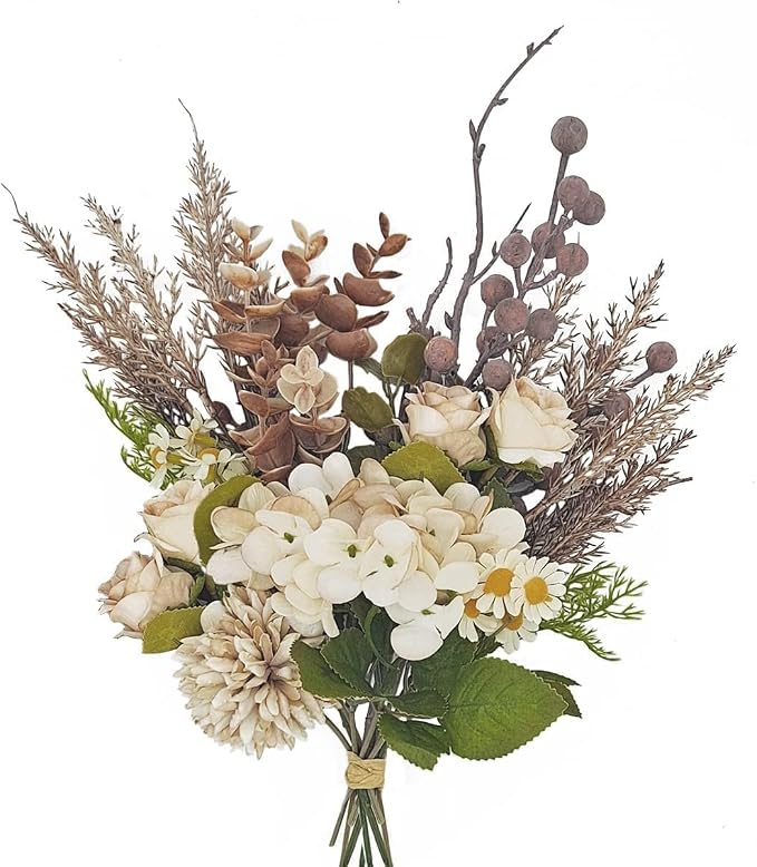 12-inch Small Fake Silk Flowers Fall Bouquet Faux Centerpieces with Roses, Dandelions, Hydrangea, Daisies, Hollyberries - Realistic Artificial Floral Arrangements for Home Kitchen Decor