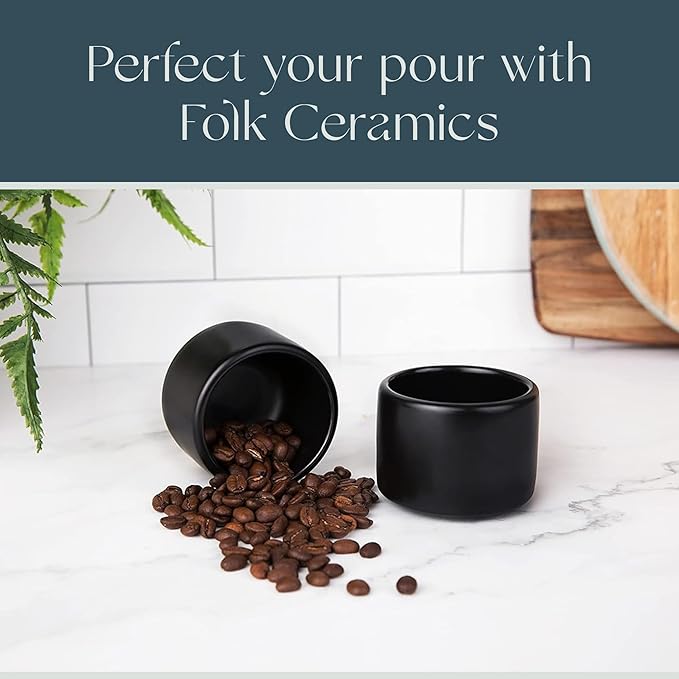 Folk Ceramics Leonard Ceramic Espresso Cups | Modern Stackable Demitasse Mugs for Espresso | Thick Walled, Handleless, Durable, Dishwasher & Microwave Safe | Set of 2, 3oz | Matte Black