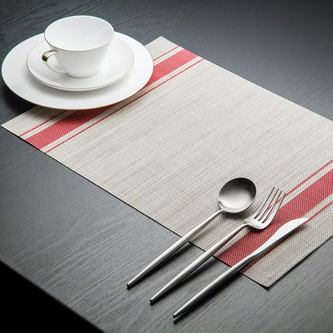 Table Mats Set of 6 Crossweave Woven Vinyl Placemats Heat Resistant Non-Slip Kitchen Placemats for Dining Table Washable Easy to Clean(Red)