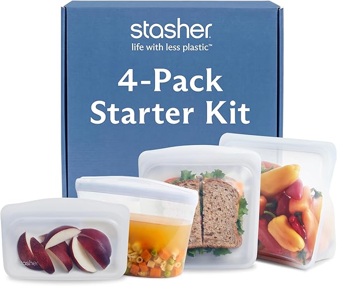 Stasher Silicone Reusable Storage Bags, 4-Pack Starter Kit, Reusable Freezer Bags, Microwave, Dishwasher, Oven Safe, Sous Vide, Premium Lunch Containers, Eco Friendly, Food Storage Bags, Clear