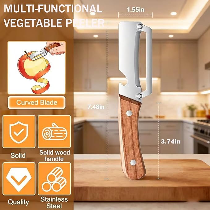 MultiFunctional Vegetable Peeler for Kitchen，Multifunctional Vegetable Peeler with Wooden Handle and Bottle Opener，2-in-1 Stainless Steel Kitchen Tool for Fruit Apple Potato Pumpkin Papaya (1)