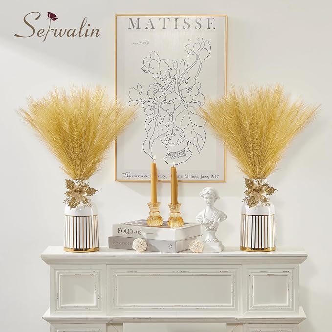 Serwalin 60Pcs Gold Pampas Grass Decor, 17.7" Faux Pampas Grass, Artificial Short Pompas Grass Branches Fluffy Plant Vase Filler Boho Decoration for Home Wedding Party