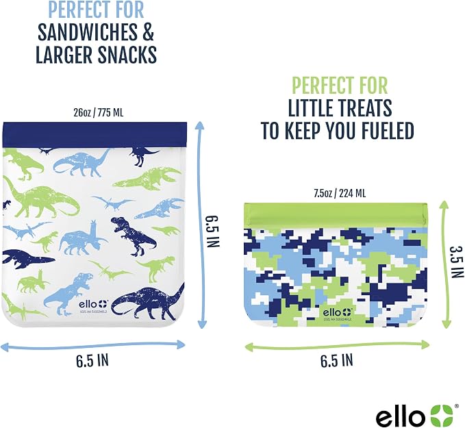 Ello 4 Pack Reusable Food Storage Bags, Resealable BPA-Free, Food-Safe PEVA, Feezer Safe and Leak-Proof