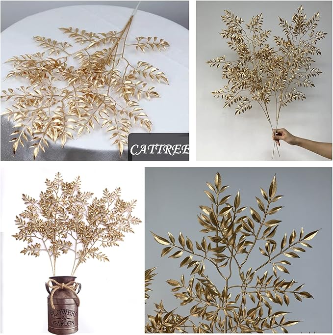CATTREE Artificial Gold Leaves, Plastic Plants Christmas Decorations 30" Tall Golden 2 Pack, Fake Shrubs Bushes for Indoor Home Table Centerpieces Hotel Hall Party Decor Wedding Planting Filler