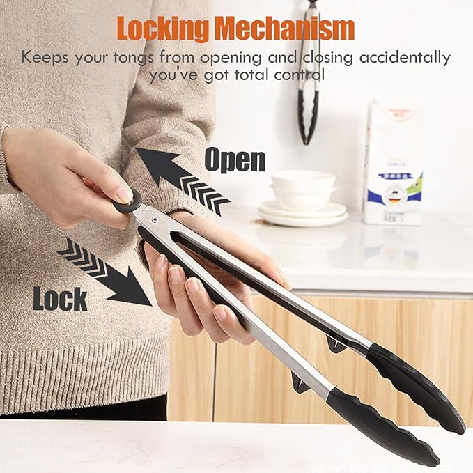 Tongs for Cooking, 12" Kitchen Tongs with Silicone Tips, Food Grade Serving Tongs Set of 3, Black