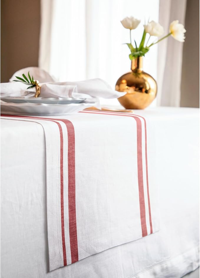 Solino Home Linen Table Runner 120 Inches Long - French Stripe, 100% Pure Linen Red and White Farmhouse Table Runner 14 x 120 Inch Ideal for Dining, Summer, 4th of July