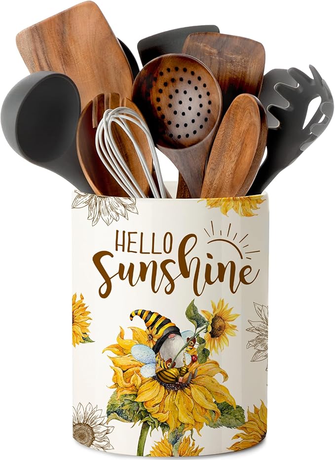 pinata Sunflower Kitchen Decor Ceramic Utensil Holder, Cute Utensil Crock, Sunflower Kitchen Utensils for Farmhouse Indoor Gnomes Decorations for Home (6.3inch)