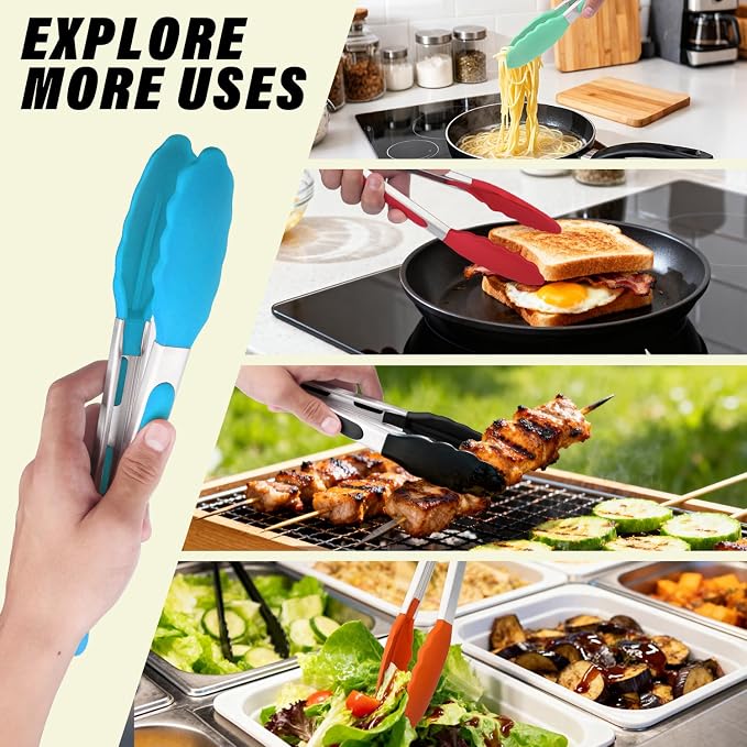 Salad Tongs, 16 Inch Silicone Food Tongs with 304 Stainless Steel Core & Non-Slip Grip in Blue Color