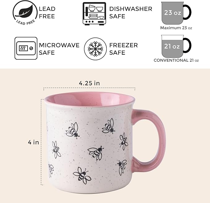 AmorArc 22 OZ Large Ceramic Coffee Mugs, Oversized Soup Cups With Big Handle for Men Women Dad Mom, Big Mug With Textured Bees Patterns for Office & Home -Microwave Safe, 2 Pcs