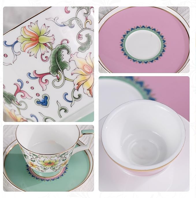 KAMMAK Ceramic Coffee Cups Saucers Set of 2, Porcelain Espresso Cups with Saucers, 8.12 oz Handcrafted Elegant Bone China Tea Cups, Lotus Floral Pattern Teacup for Party, Office, Women Gift