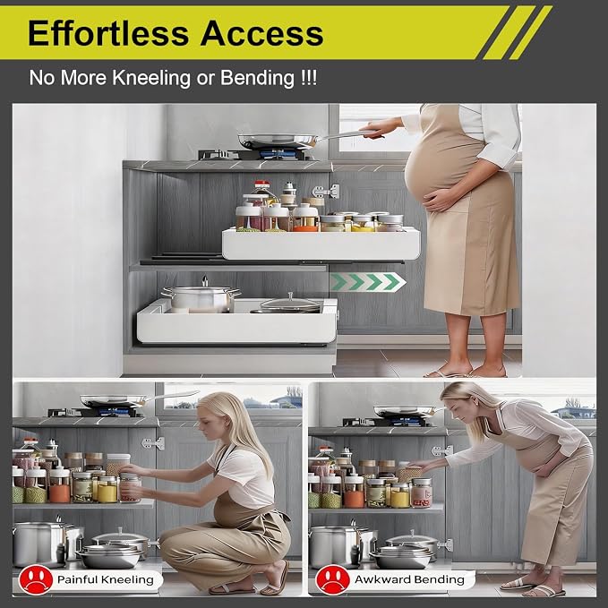 2-Pack Expandable Pull Out Cabinet Organizer 21" Deep with 3 Slide Rails, Adjustable Width (12"-22") Drawer Organizer for Kitchen Pantry Base Cabinets, Fixed with Roll Out Shelves Adhesive, White
