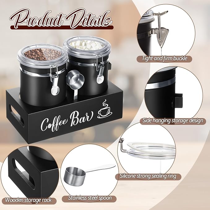 Maxcheck 2 Pcs 66 oz Coffee Sugar Canisters with Shelf & Scoop, Easter Gifts Airtight Stainless Steel Container with Lids, Home Kitchen Food Storage Jars for Grounds, Beans, Tea, Cereal(Black)