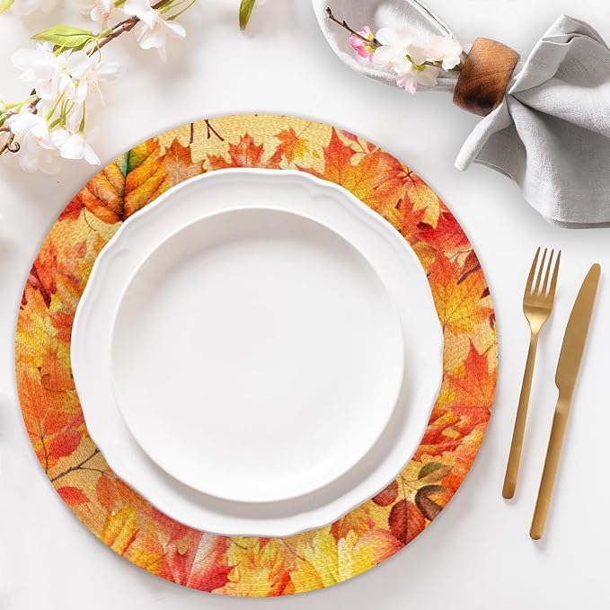Round Placemats Set of 6, Autumn Maple Leaves Woven Placemats Mats Non-Slip Heat Resistant Washable Table Mats Round Braided Place for Farmhouse Kitchen Dining Party Decor 15in-2