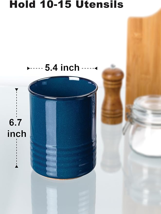 ABRUTY Utensil Holder, 6.7" Ceramic Kitchen Utensil Crock for Countertop Cooking, Modern Utensil Caddy Jar Organizer for Farmhouse Kitchen Counter Décor, Flambe Blue