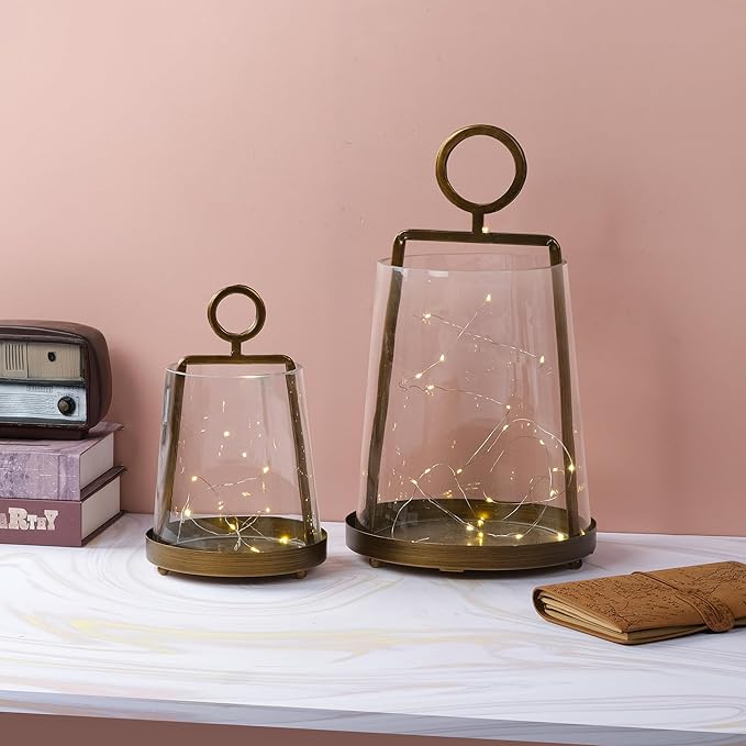 6" Wide Modern Farmhouse Metal Hurricane Candle Holder with Handmade Sturdy Glass Sleeve in Antique Brass for Pillar Candle & Plants, Glass Hurricane Lantern, Industrial, Minimalistic