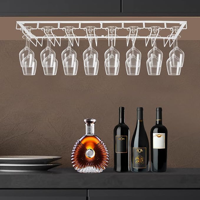 Wine Glass Rack Under Cabinet Max Capacity with 16 Wine Glasses, 8 Row Extreme Large Stemware Hanger, Metal Wine Glass Holder, DIY Bar Glass Storage Rack for Bar Counter, Kitchen(White)
