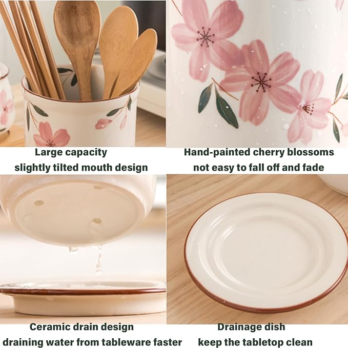Dxcaicc Large Capacity Utensil Holder for Kitchen Counter, Ceramic Cooking Utensil Holder, Multiple Drain Holes Chopstick Holder with Drain Tray