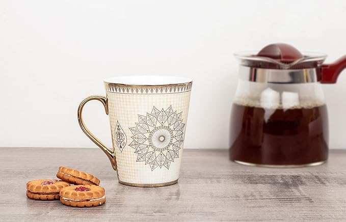 Femora Handcrafted Ceramic Coffee Mugs Indian Golden Disign Set of 2 (11 oz), Cappuccino Cups, Coffee Cups, British Coffee Cups, Porcelain Tea Set, Latte Cups, Espresso Mug.