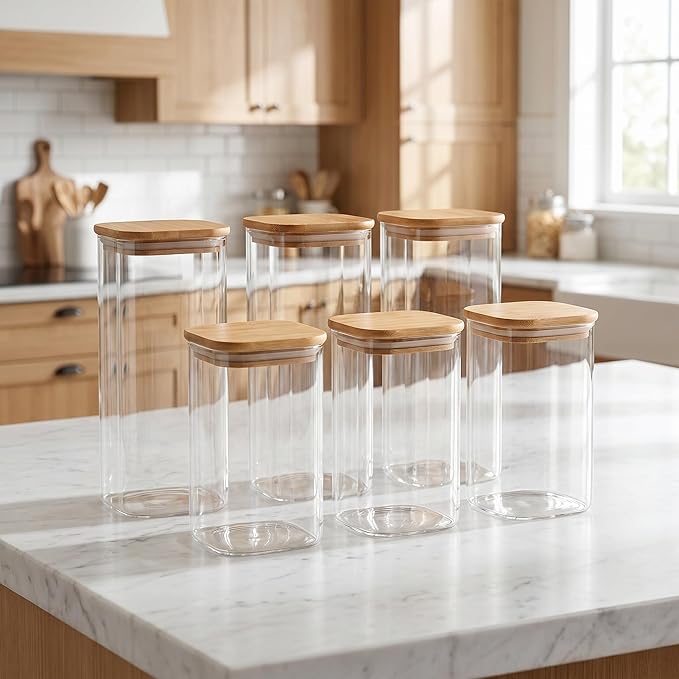 68 ounces (set of 3) and 32 ounces (set of 3), transparent glass containers with airtight bamboo lids — ideal for storing overnight oats, coffee, spices, candies, flour, etc.,
