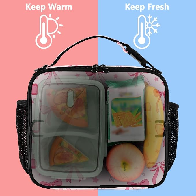 Kcldeci Cute Coquette Pink Ribbon Bow Lunch Box Kids, Large Insulated Lunch Bag for Girls, Cooler Lunchbag, Toddler Lunchbox, School Daycare Lunch Tote Pail for Boys