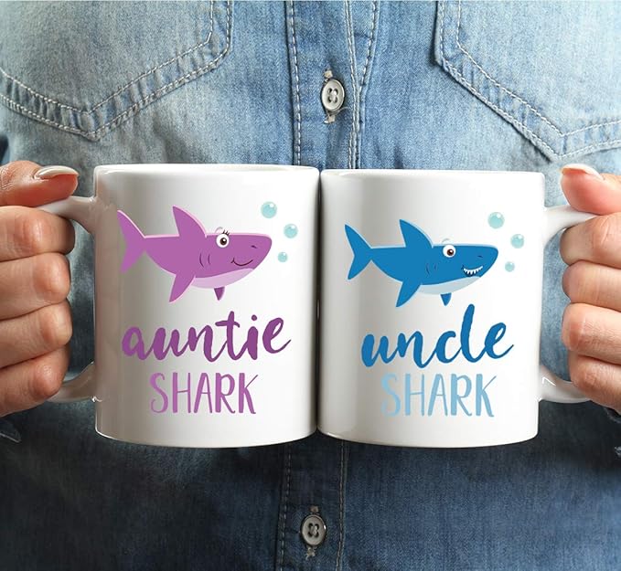 Andaz Press Baby Shark Family 11oz. Coffee Mug Gift Set, Auntie Shark, Uncle Shark, 2-Pack, Shark Do Do Do Gift Idea Birthday Christmas Gifts