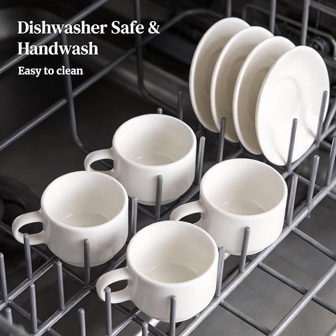 DOWAN 2.5 Ounce Porcelain Stackable Espresso Cups with Saucers Set of 4, White Espresso Cups for Home, Office and Cafe Use