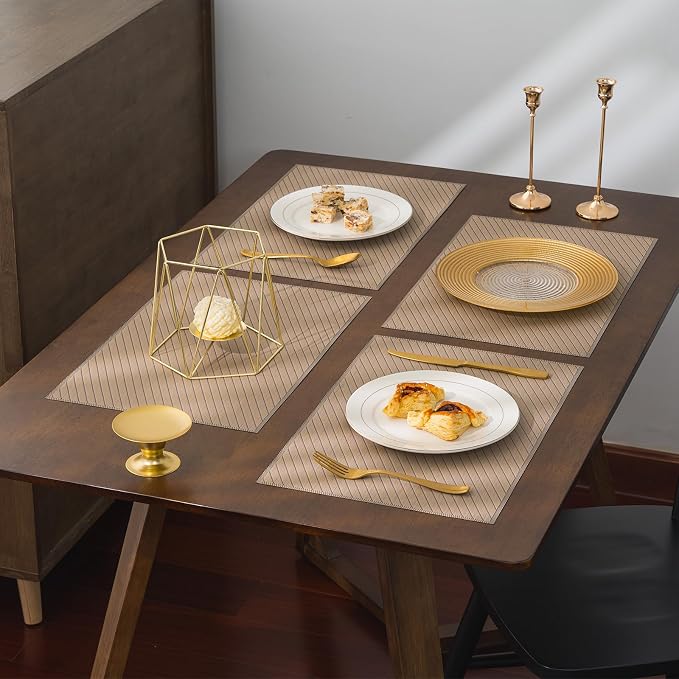 BACKTOEDEN Placemats Set of 6 Heat Resistant Washable Wipeable Placemat Woven Non-Slip Foldable Vinyl/Plastic Place Mats Indoor/Outdoor Mat Kitchen Dining Table Pad, Khaki Twill