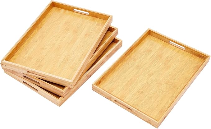 Large Bamboo Serving Tray with Handles, 4 Pack18 * 13 in Wooden Dinner Tray, Rectangular Wooden Breakfast Tray, Dinner Tray Decorative Coffee Tea Platter for Living Room Bedroom Kitchen