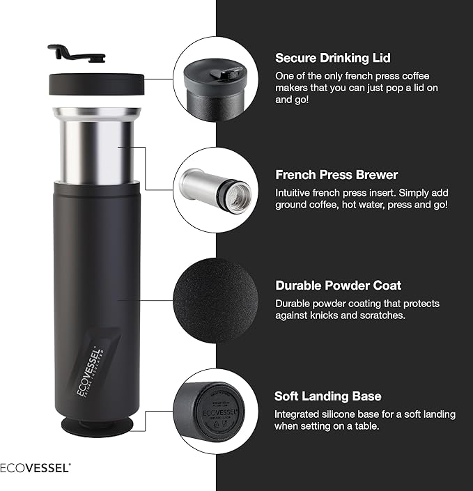 EcoVessel Travel French Press, Portable Coffee Maker, Stainless Steel Insulated Coffee Press, Reusable Single Serve Bottle for On-The-Go Use, 14oz (Stone)