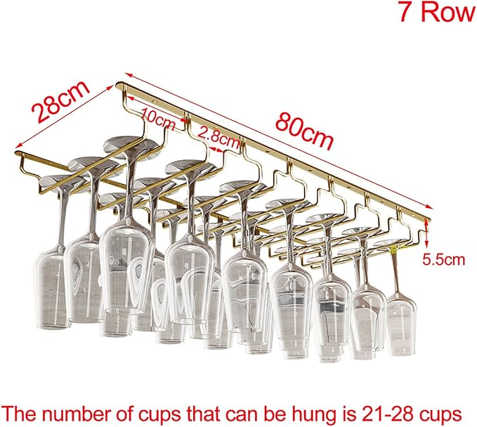 V3VOGUE 7 Rows Under Cabinet Wine Glass Rack, Hanging Stemware Holder, 304 Stainless Steel Hanger Storage Shelf, Stemware Wine Glass Holder Storage Hanger for Bar Kitchen Cabinet (Size : Width:28cm)