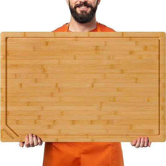 Kikcoin 36”×24” Bamboo Cutting Boards for Kitchen, Heavy Duty Wooden Cutting Boards, Healthy Extra Large Chopping Boards with Deep Juice Groove and Handle, Oversized Stove Top Cover, Natural