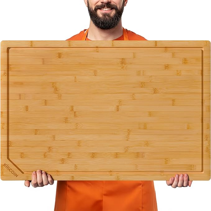 Kikcoin 30”×20” Bamboo Cutting Boards for Kitchen, Heavy Duty Wooden Cutting Boards, Healthy Extra Large Chopping Boards with Deep Juice Groove and Handle, Oversized Stove Top Cover, Natural