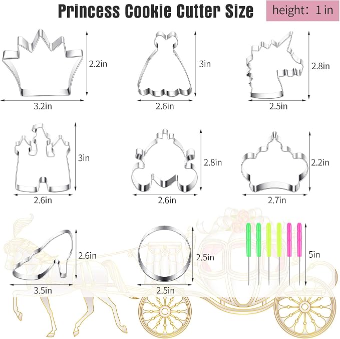 8 Pieces Princess Cookie Cutter Set with Crown, Dress, Castles, Unicorn Head Shapes Stainless Steel Fondant Biscuit Cutters and 6 Pieces Sugar Stirring Pins