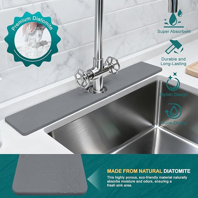Hopegiver Stone Faucet Mat for Kitchen Sink - Fast Drying Diatomite Sink Protector Prevent Moisture, Super Water Absorbing Stone Tray for Kitchen & Bathroom Counter (Gray Maple Leaf, 23.6"x3.9")